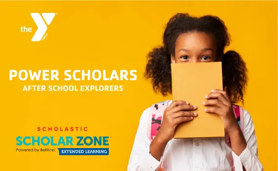 image of young girl holding a book over her face with a statement saying "power scholars after school explorers"